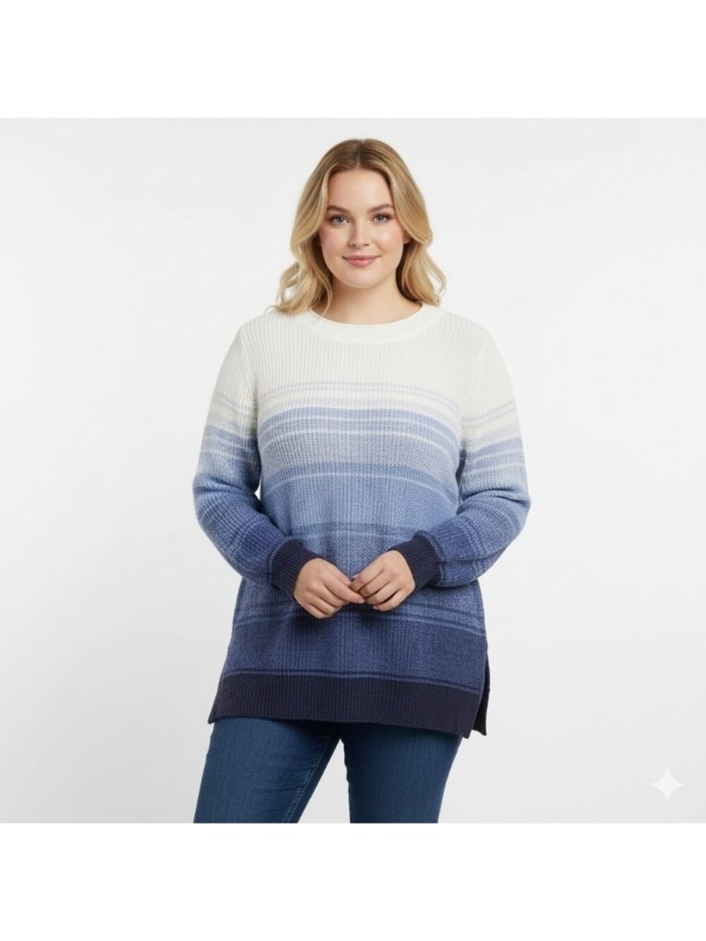 Penningtons White Blue Ombre 100% Cotton Knit Long Sleeve Crew Sweater Size 0X